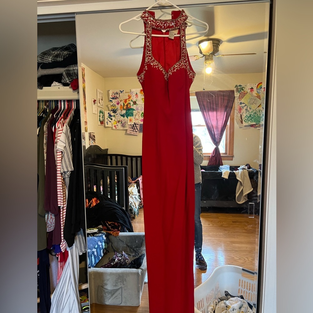 Red formal military ball dress. Floor length